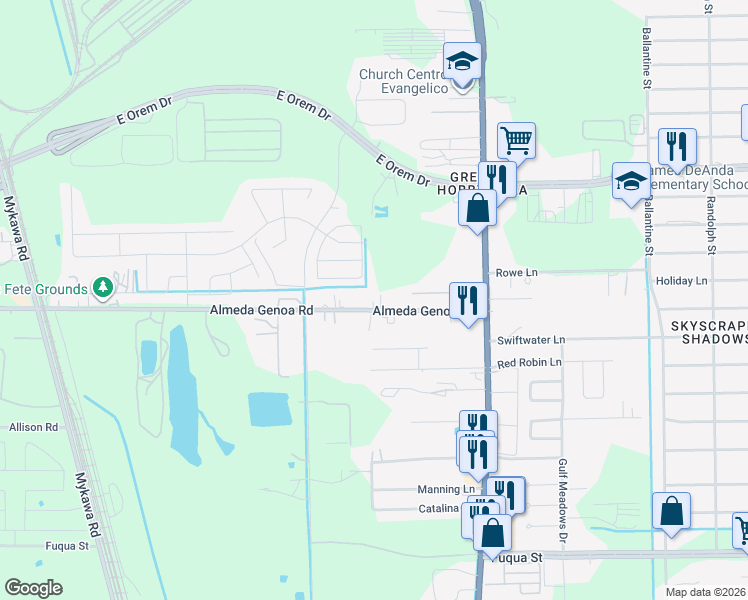 map of restaurants, bars, coffee shops, grocery stores, and more near 7425 Almeda-Genoa Road in Houston