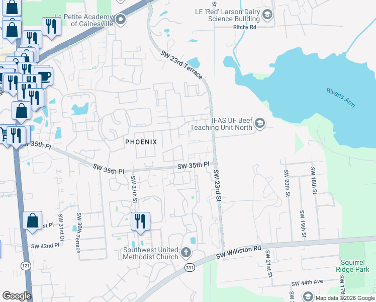 map of restaurants, bars, coffee shops, grocery stores, and more near 4802 Southwest 34th Place in Gainesville