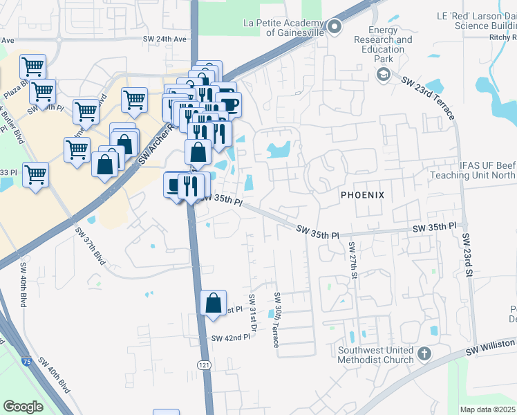 map of restaurants, bars, coffee shops, grocery stores, and more near 3521 Southwest 30th Way in Gainesville