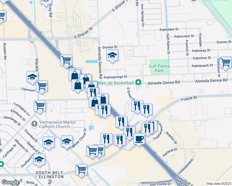 map of restaurants, bars, coffee shops, grocery stores, and more near 12333 Gulf Freeway in Houston