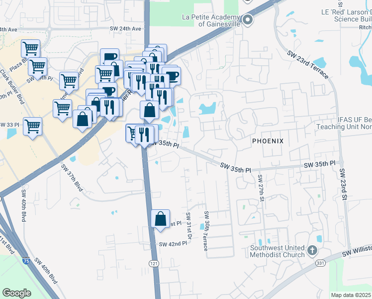 map of restaurants, bars, coffee shops, grocery stores, and more near 3323 Southwest 31st Drive in Gainesville