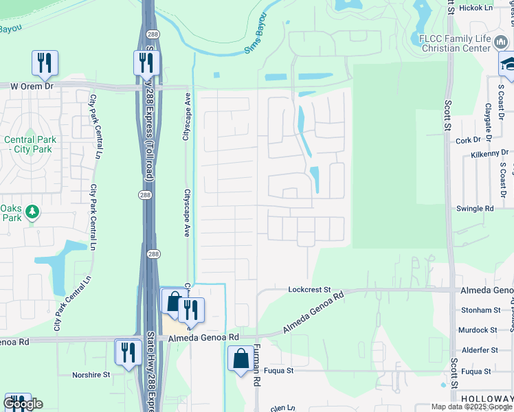 map of restaurants, bars, coffee shops, grocery stores, and more near 12405 Furman Road in Houston