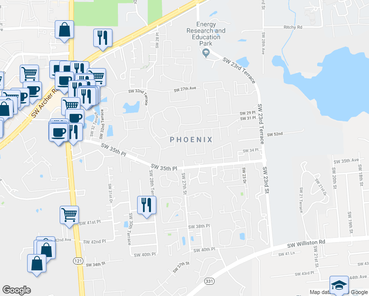 map of restaurants, bars, coffee shops, grocery stores, and more near 3218 Southwest 26 Way in Gainesville