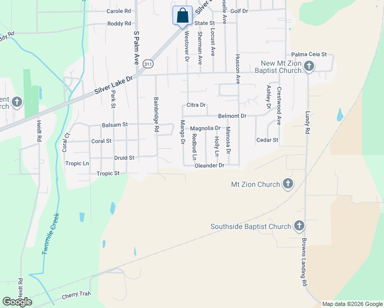 map of restaurants, bars, coffee shops, grocery stores, and more near 260 Redbud Lane in Palatka