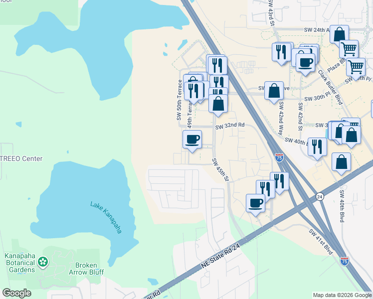 map of restaurants, bars, coffee shops, grocery stores, and more near 3377 Southwest 50th Drive in Gainesville
