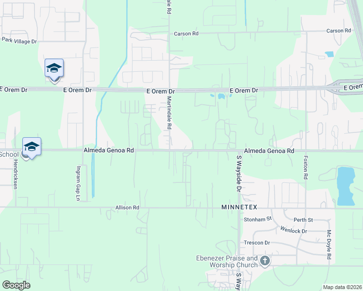 map of restaurants, bars, coffee shops, grocery stores, and more near 12933 Martindale Road in Houston