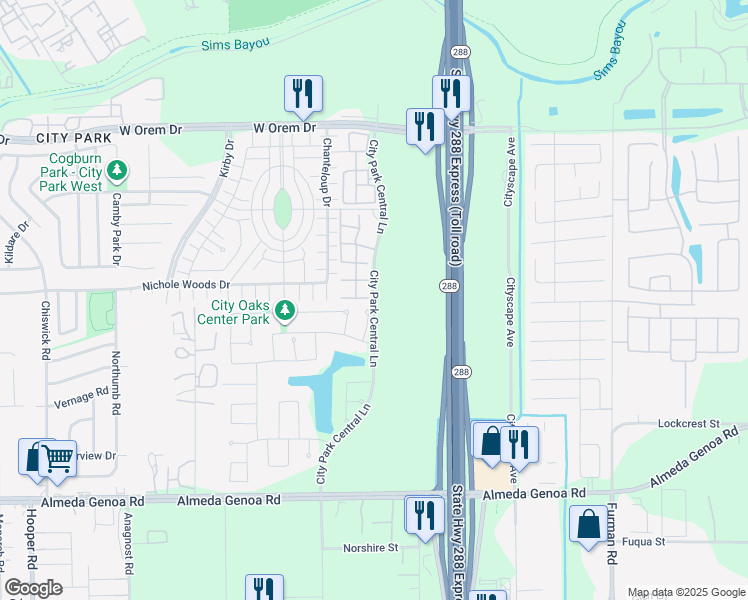 map of restaurants, bars, coffee shops, grocery stores, and more near City Park Central Lane in Houston