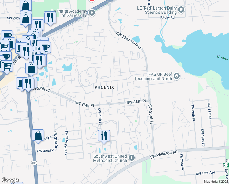 map of restaurants, bars, coffee shops, grocery stores, and more near 3224 Southwest 25 Way in Gainesville