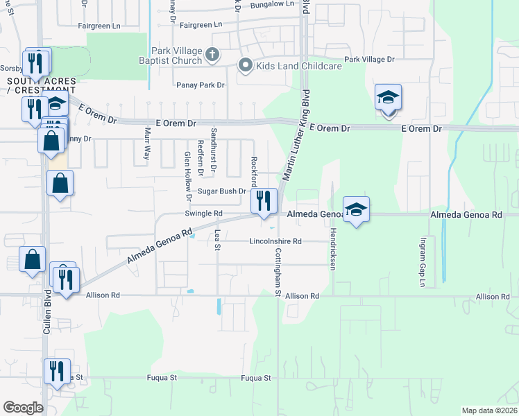 map of restaurants, bars, coffee shops, grocery stores, and more near 12939 Almeda Crossing Court in Houston