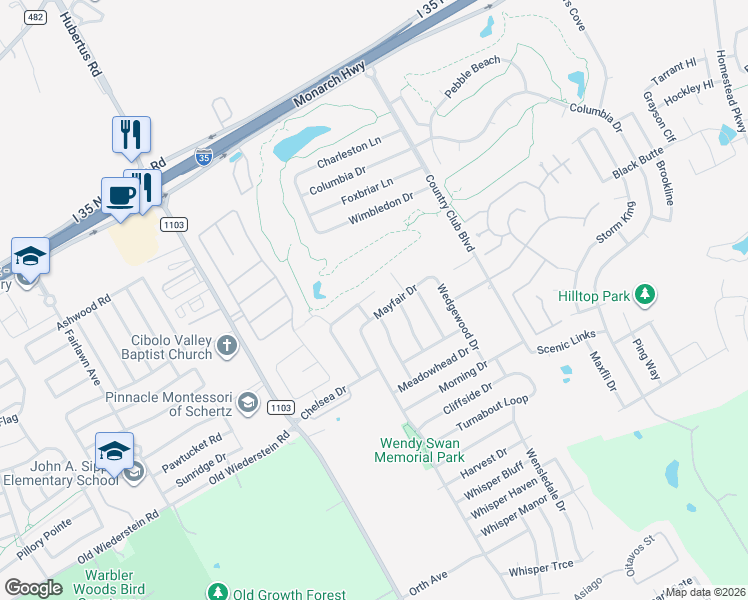 map of restaurants, bars, coffee shops, grocery stores, and more near 3417 Sherwin Drive in Schertz
