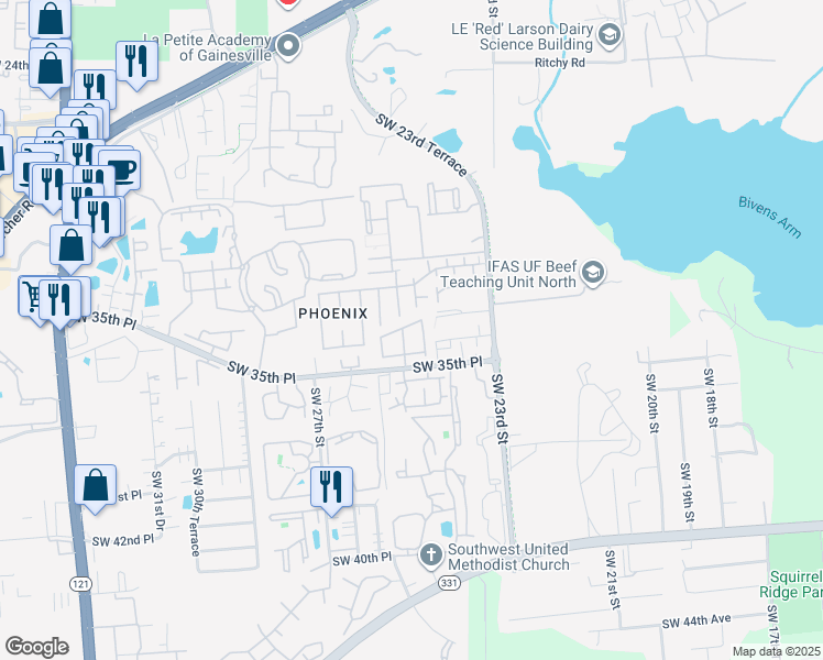 map of restaurants, bars, coffee shops, grocery stores, and more near 3228 Southwest 24 Way in Gainesville