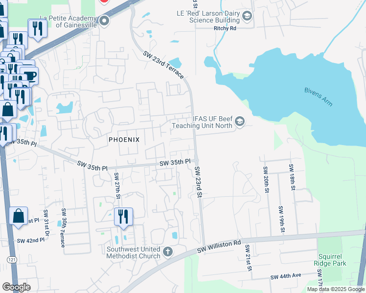 map of restaurants, bars, coffee shops, grocery stores, and more near 2326 Southwest 34 Place in Gainesville