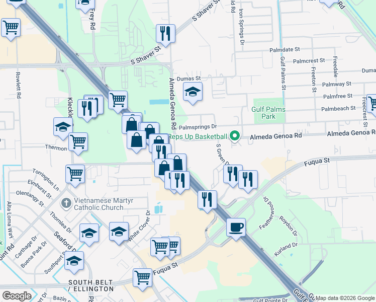 map of restaurants, bars, coffee shops, grocery stores, and more near 12303 Gulf Freeway in Houston
