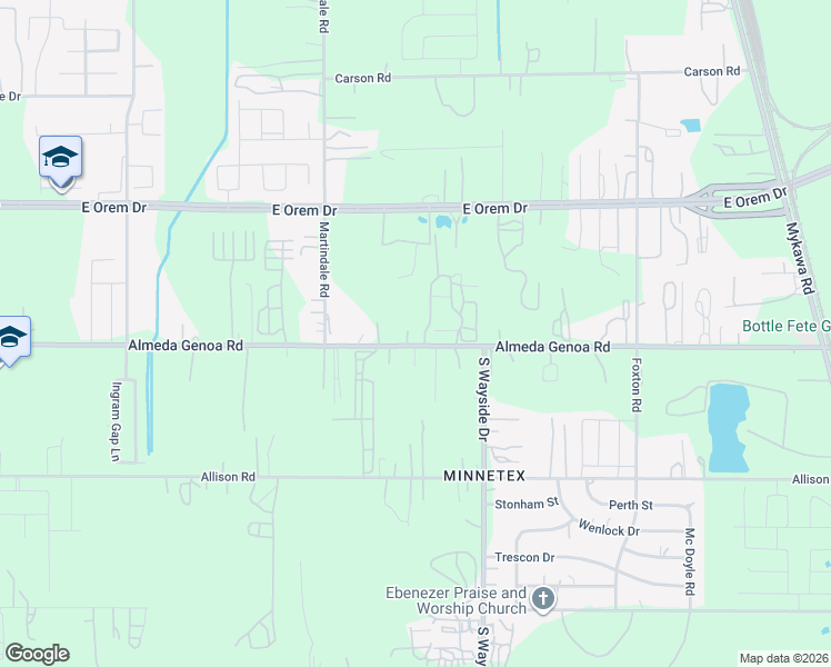 map of restaurants, bars, coffee shops, grocery stores, and more near 5733 Almeda-Genoa Road in Houston