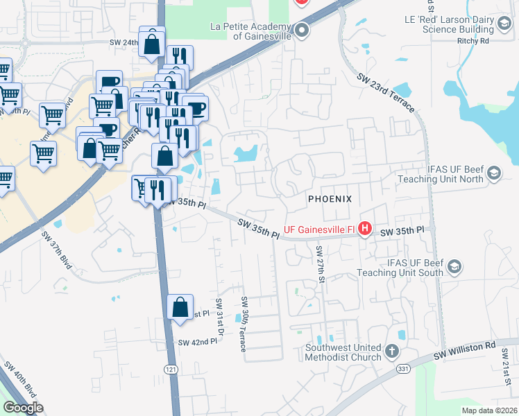 map of restaurants, bars, coffee shops, grocery stores, and more near 2960 Southwest 35th Place in Gainesville