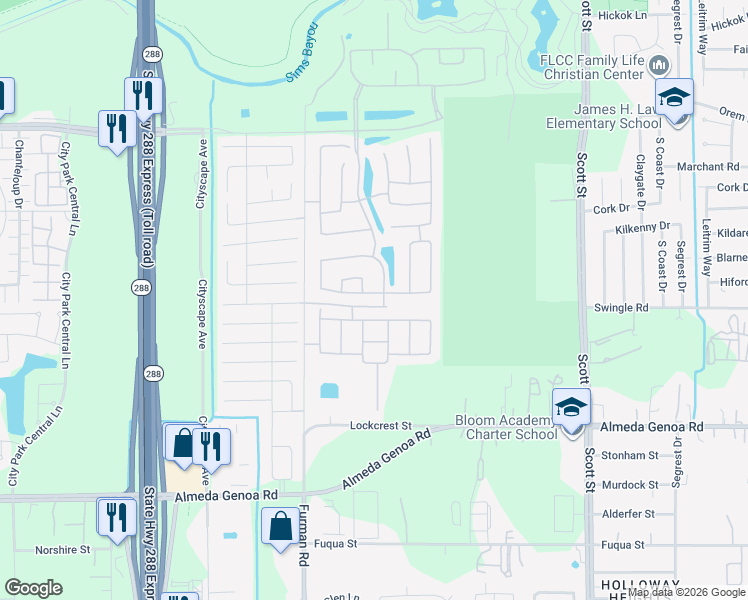 map of restaurants, bars, coffee shops, grocery stores, and more near Swingle Road in Houston