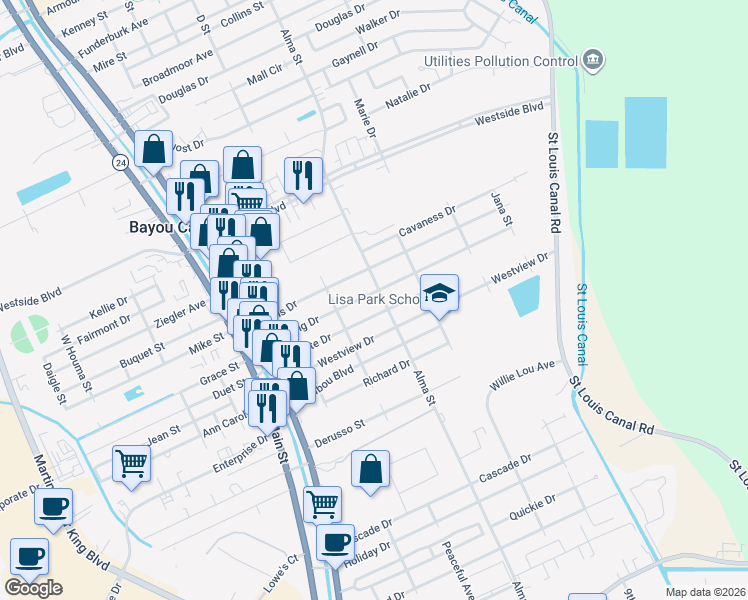 map of restaurants, bars, coffee shops, grocery stores, and more near 216 Harding Drive in Houma