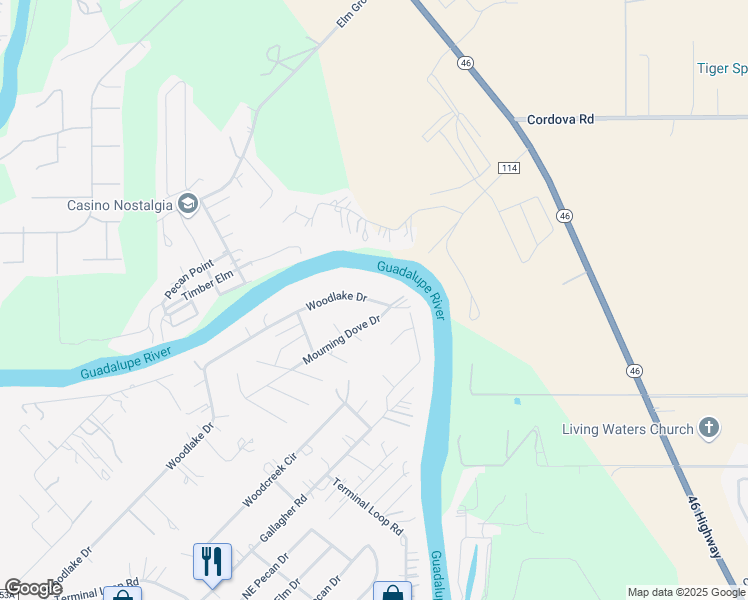 map of restaurants, bars, coffee shops, grocery stores, and more near 636 Woodlake Drive in McQueeney