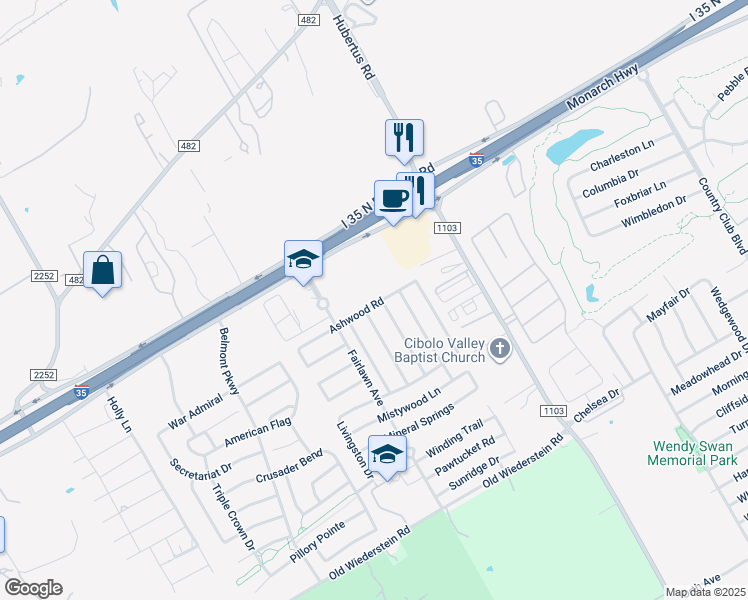 map of restaurants, bars, coffee shops, grocery stores, and more near 2937 Ashwood Road in Schertz