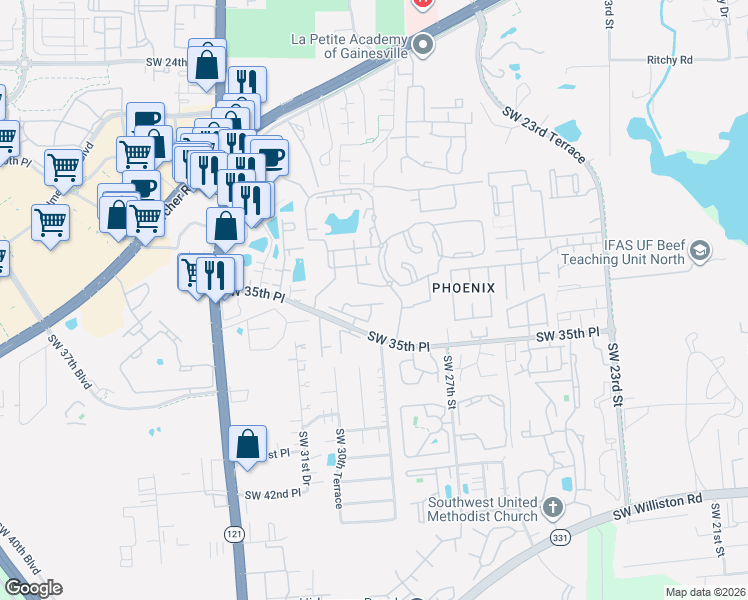 map of restaurants, bars, coffee shops, grocery stores, and more near 2960 Southwest 35th Place in Gainesville