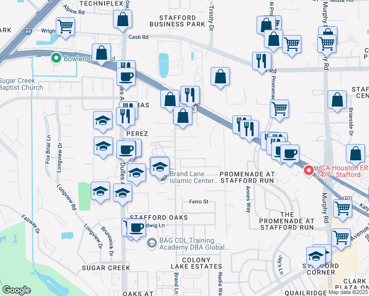 map of restaurants, bars, coffee shops, grocery stores, and more near 4218 Ester Street in Stafford