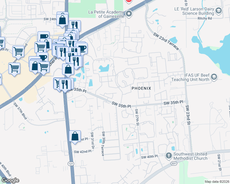 map of restaurants, bars, coffee shops, grocery stores, and more near 2946 Southwest 35th Place in Gainesville