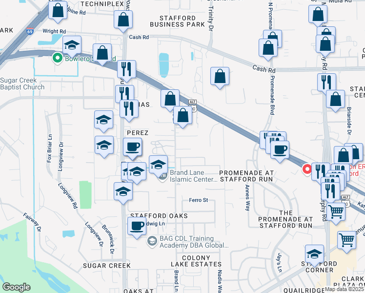 map of restaurants, bars, coffee shops, grocery stores, and more near 4218 Ester Street in Stafford