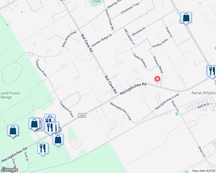 map of restaurants, bars, coffee shops, grocery stores, and more near 19433 Bat Cave Road in Garden Ridge