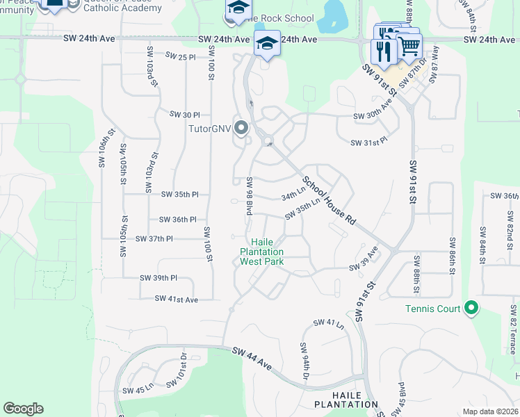 map of restaurants, bars, coffee shops, grocery stores, and more near 9722 Southwest 35th Lane in Gainesville