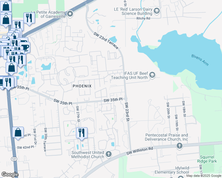 map of restaurants, bars, coffee shops, grocery stores, and more near 2353 Southwest 32 Place in Gainesville