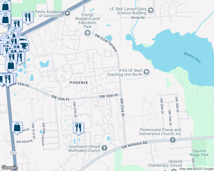 map of restaurants, bars, coffee shops, grocery stores, and more near 2340 Southwest 32 Place in Gainesville