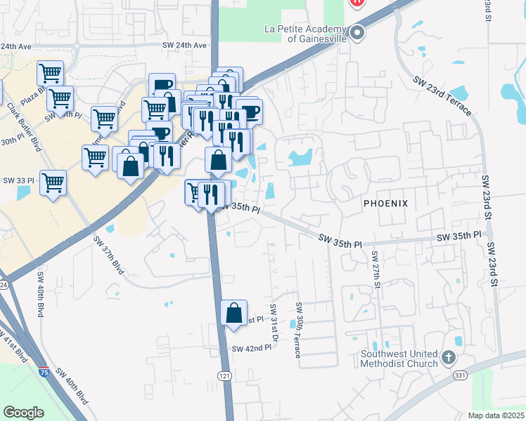 map of restaurants, bars, coffee shops, grocery stores, and more near 3010 Southwest 35th Place in Gainesville