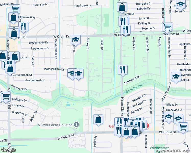 map of restaurants, bars, coffee shops, grocery stores, and more near 14061-14213 Buxley Street in Houston