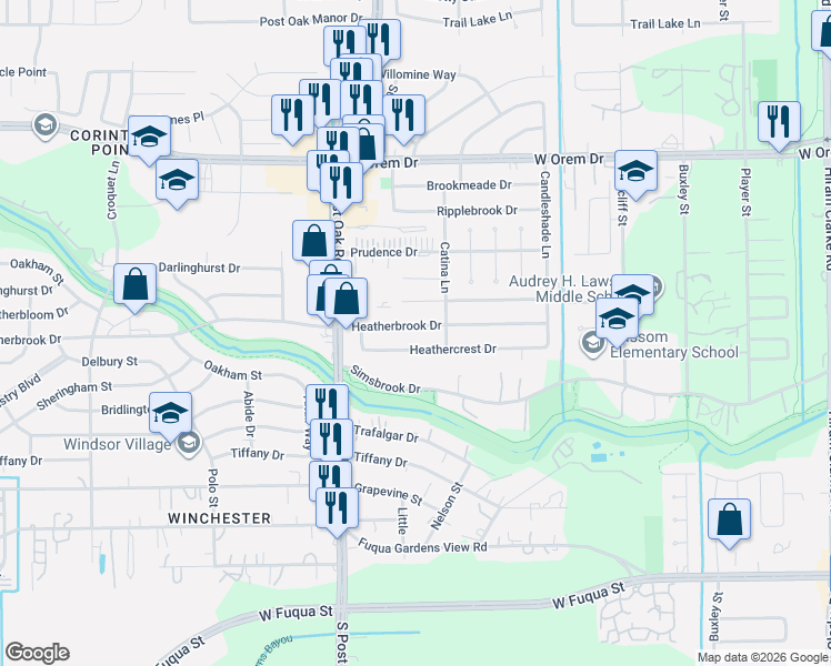 map of restaurants, bars, coffee shops, grocery stores, and more near 5310 Heatherbrook Drive in Houston