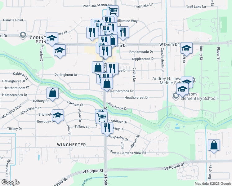 map of restaurants, bars, coffee shops, grocery stores, and more near 5406 Heatherbrook Drive in Houston