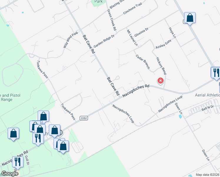 map of restaurants, bars, coffee shops, grocery stores, and more near 19433 Bat Cave Road in Garden Ridge