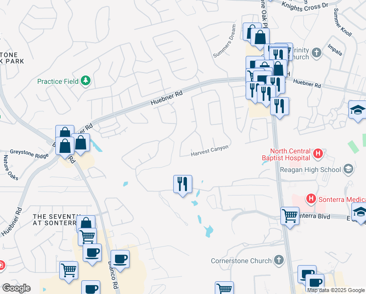 map of restaurants, bars, coffee shops, grocery stores, and more near 19126 Autumn Garden in San Antonio