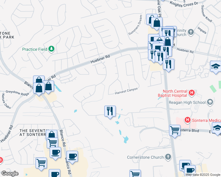 map of restaurants, bars, coffee shops, grocery stores, and more near 19126 Autumn Garden in San Antonio