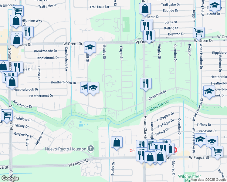 map of restaurants, bars, coffee shops, grocery stores, and more near 14061-14213 Buxley Street in Houston