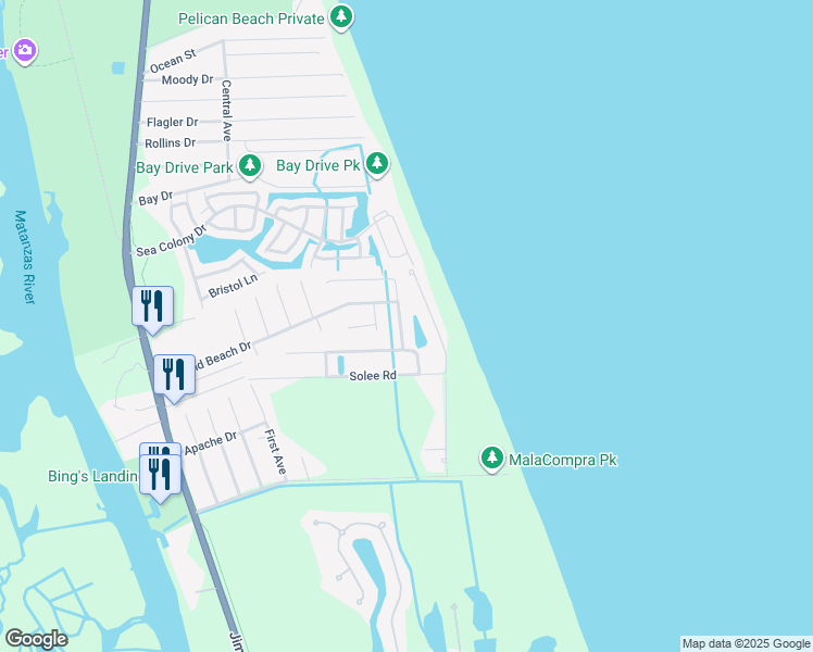 map of restaurants, bars, coffee shops, grocery stores, and more near 14 Mahoe Drive South in Palm Coast