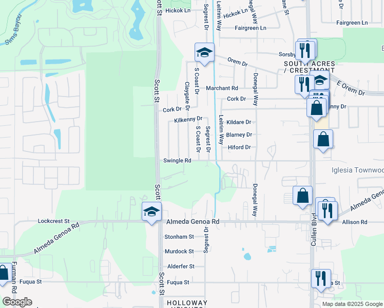 map of restaurants, bars, coffee shops, grocery stores, and more near 12923 Claygate Drive in Houston