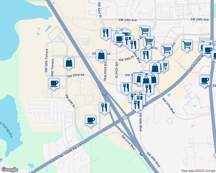 map of restaurants, bars, coffee shops, grocery stores, and more near 3405 Southwest 40 Boulevard in Gainesville