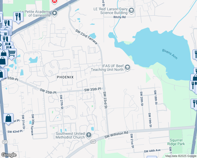 map of restaurants, bars, coffee shops, grocery stores, and more near 3301 Southwest 23rd Terrace in Gainesville