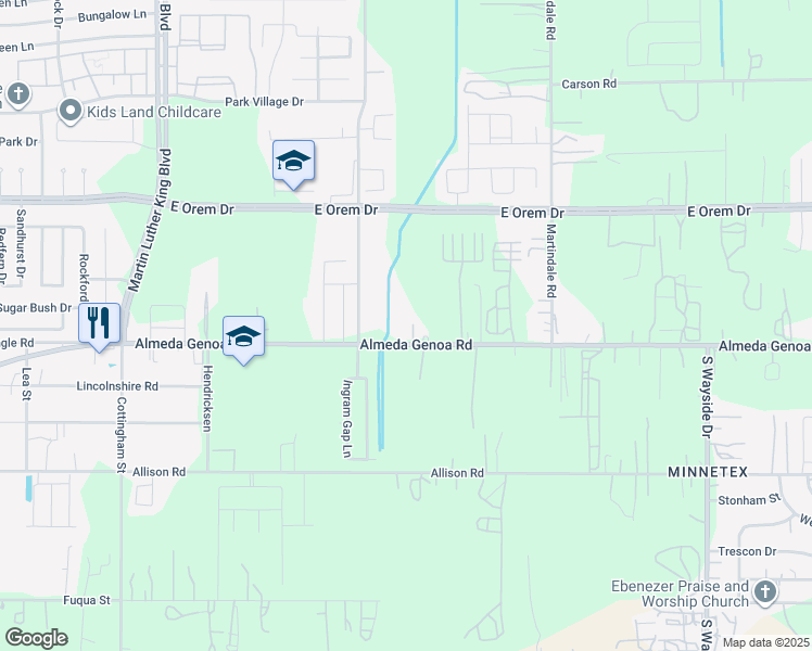 map of restaurants, bars, coffee shops, grocery stores, and more near 5343 Almeda-Genoa Road in Houston