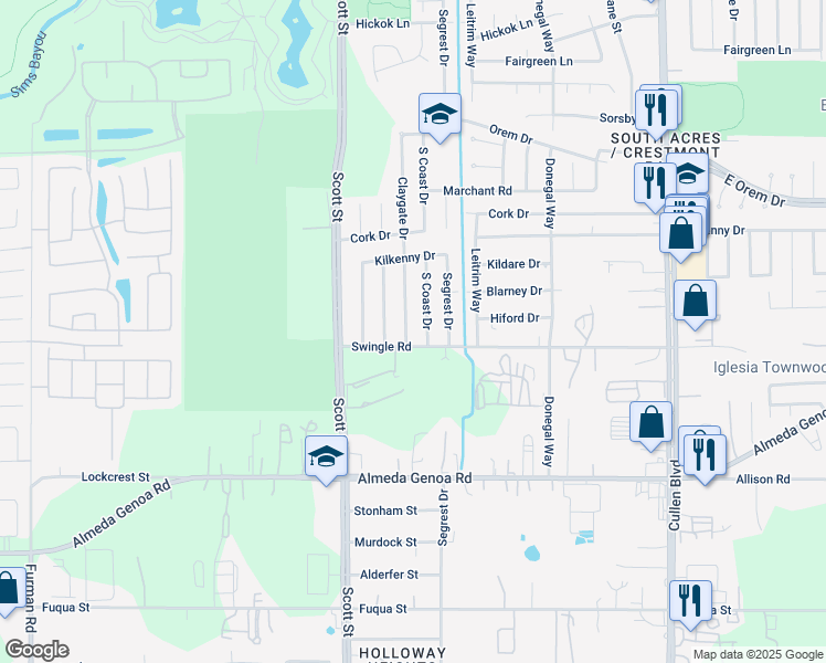 map of restaurants, bars, coffee shops, grocery stores, and more near 12923 Claygate Drive in Houston