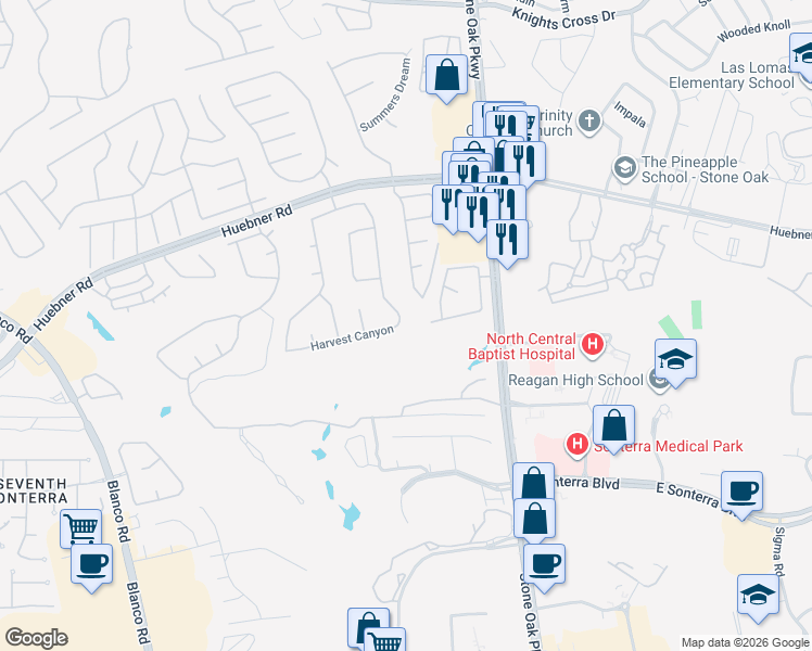 map of restaurants, bars, coffee shops, grocery stores, and more near 715 South Birdsong Way in San Antonio