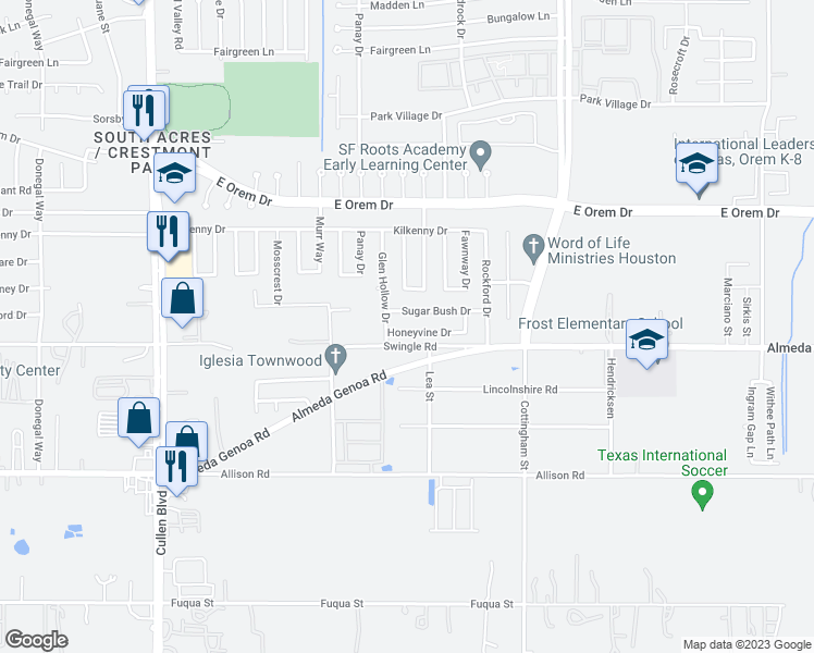 map of restaurants, bars, coffee shops, grocery stores, and more near 5219 Honeyvine Drive in Houston