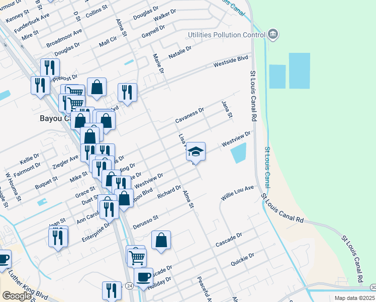 map of restaurants, bars, coffee shops, grocery stores, and more near Lisa Park Avenue in Houma