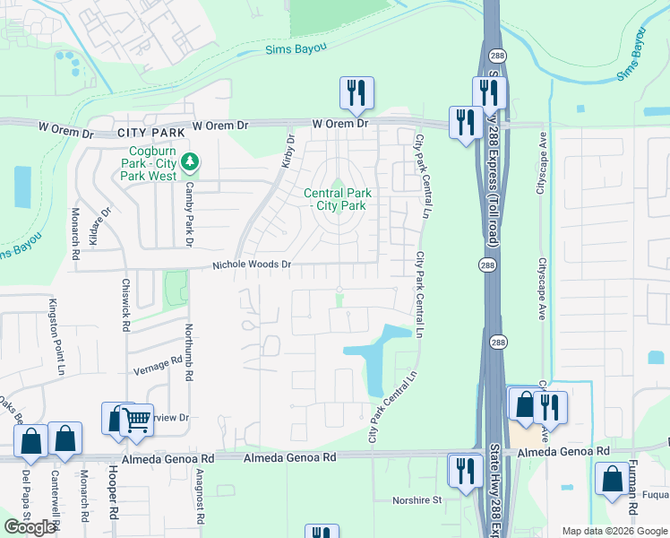 map of restaurants, bars, coffee shops, grocery stores, and more near 1611 Nichole Woods Drive in Houston