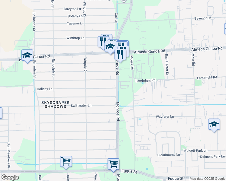 map of restaurants, bars, coffee shops, grocery stores, and more near 8421 Holiday Lane in Houston